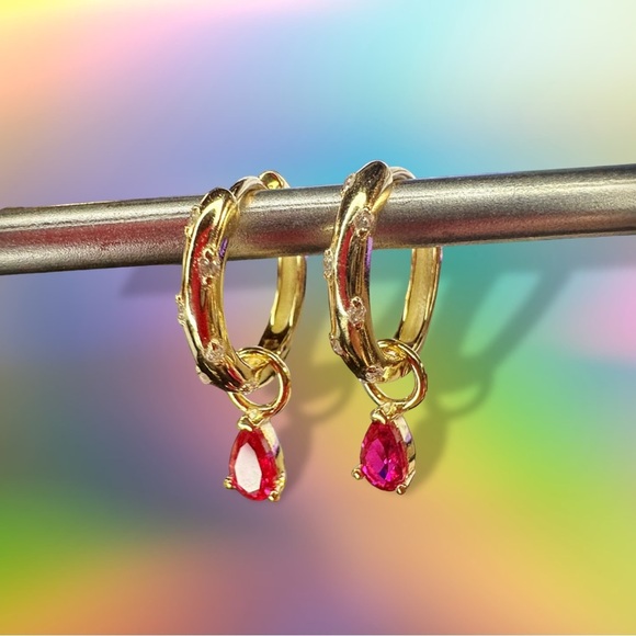 NEW 14K Yellow Gold-Plated White Crystal CZ Encrusted Huggie Hoops w Ruby Dangle - Picture 9 of 16